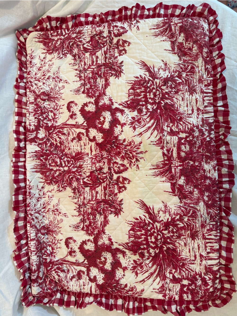 Red Toile and Cream Quilted Accent Pillow Cover with Gingham Ruffle